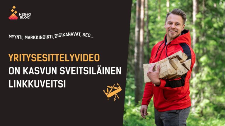 Yritysesittelyvideo on kasvun sveitsiläinen linkkuveitsi -otsikkoteksti. Kuvassa myös linkkuveitsi-ikoni ja Heimon myyntijohtaja Jani Bieck.